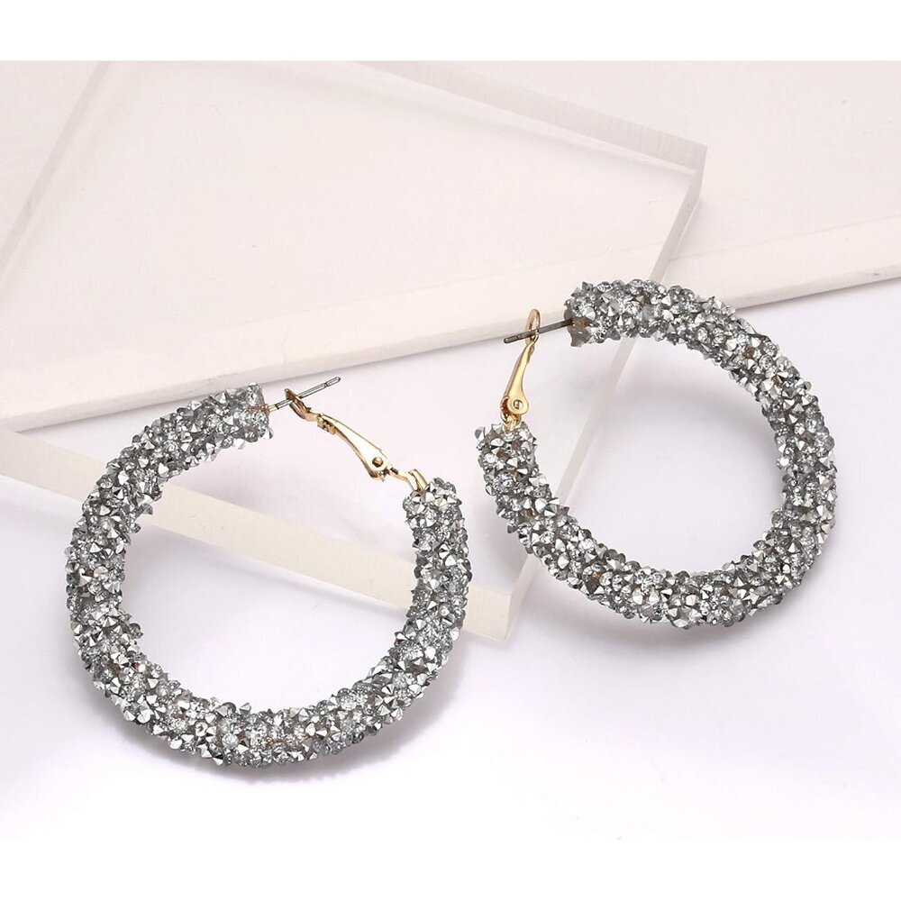 Glitter Hoop Earrings Bohemian Sparkle Resin Rhinestone Wrapped Hoop Dangle Earr - Picture 5 of 6